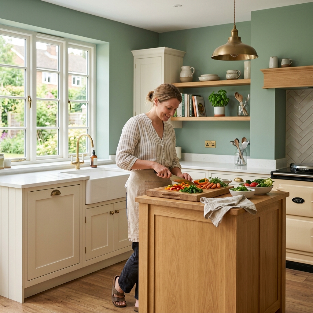 Trending kitchen paint colours UK 2026: sage green cabinets & warm white walls.