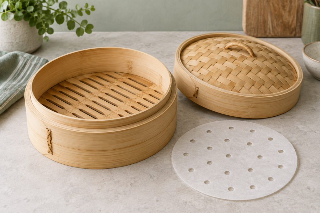 AI-generated illustration of an empty bamboo steamer basket, woven lid and perforated paper liner.