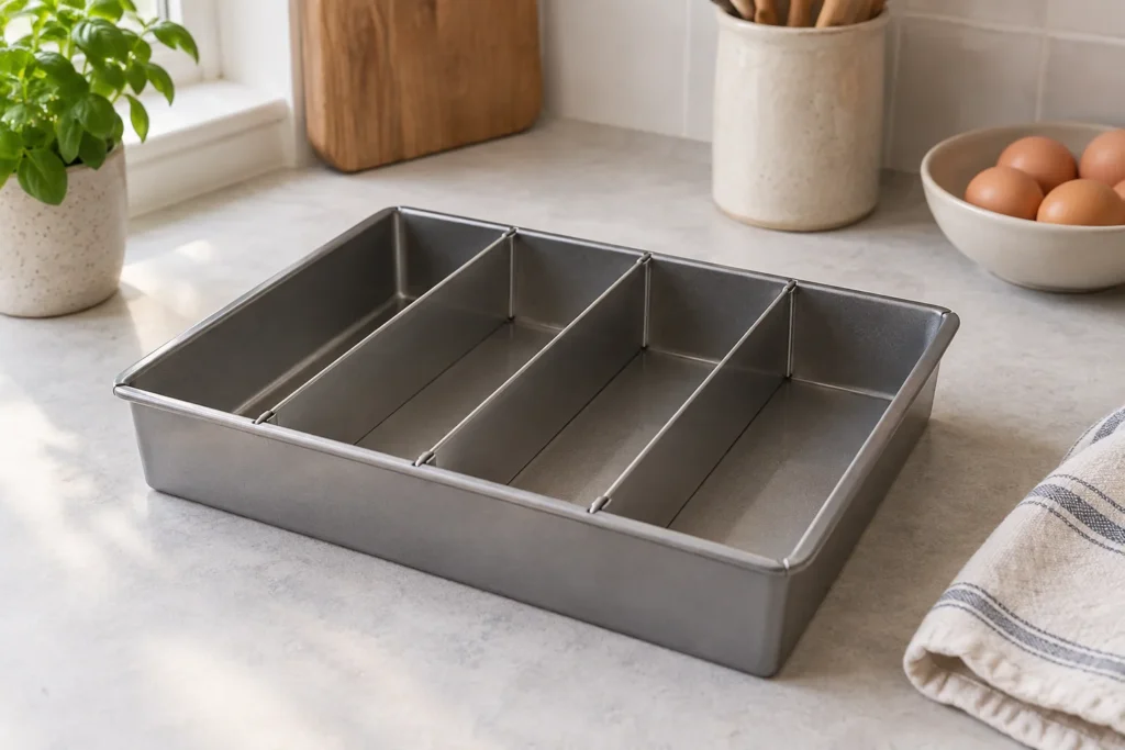 A rectangular Battenberg cake tin divided into four long compartments.
