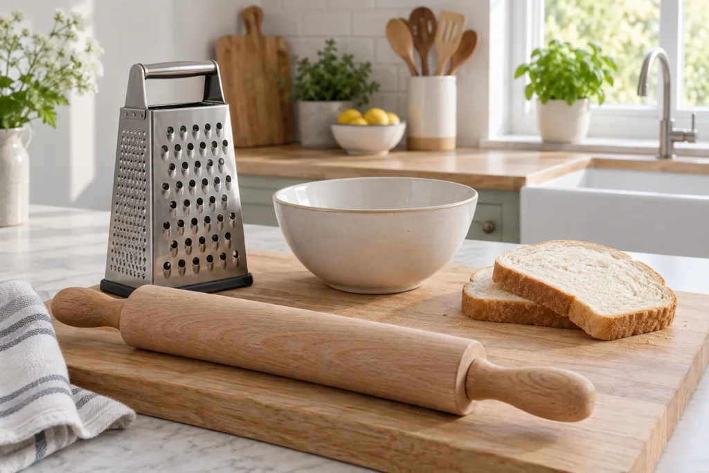 Box grater, rolling pin, bread slices and empty bowl on a chopping board