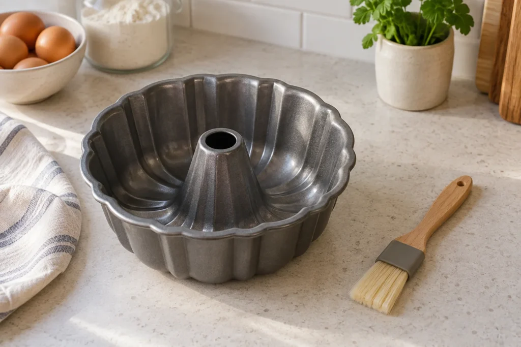 An empty fluted Bundt cake tin with a central tube beside a pastry brush.