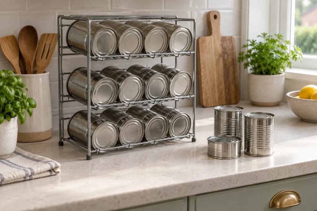 A three-tier metal rack holding tins, with different-sized tins beside it