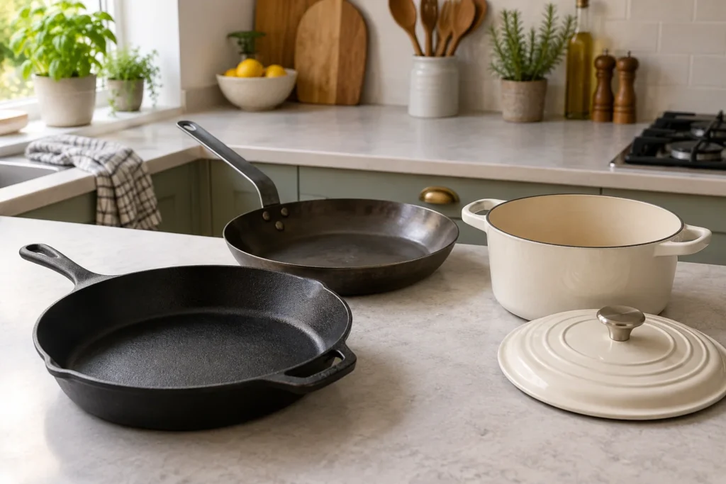 Dark cast iron skillet, carbon steel frying pan and cream enamelled casserole
