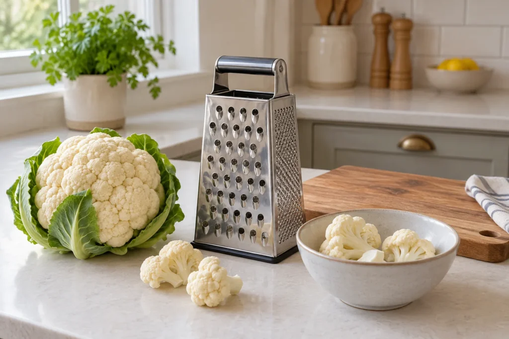 Box grater beside a cauliflower, raw florets and a wooden chopping board