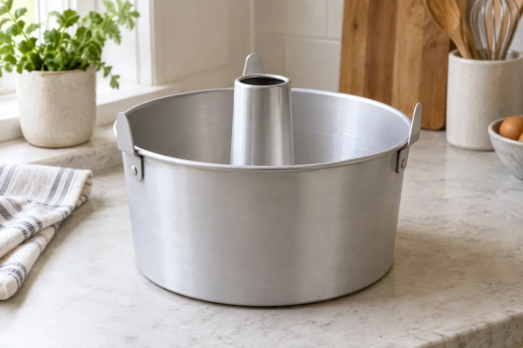 An aluminium tube cake tin with straight sides and raised rim supports.