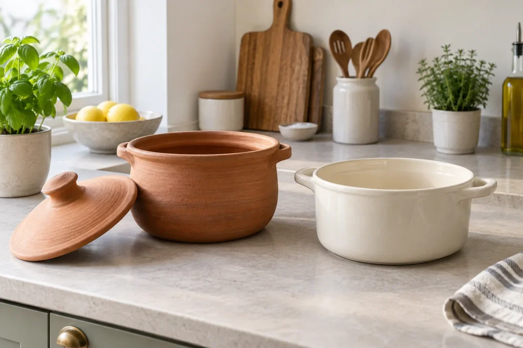 Terracotta-coloured lidded pot beside a cream glazed ceramic casserole