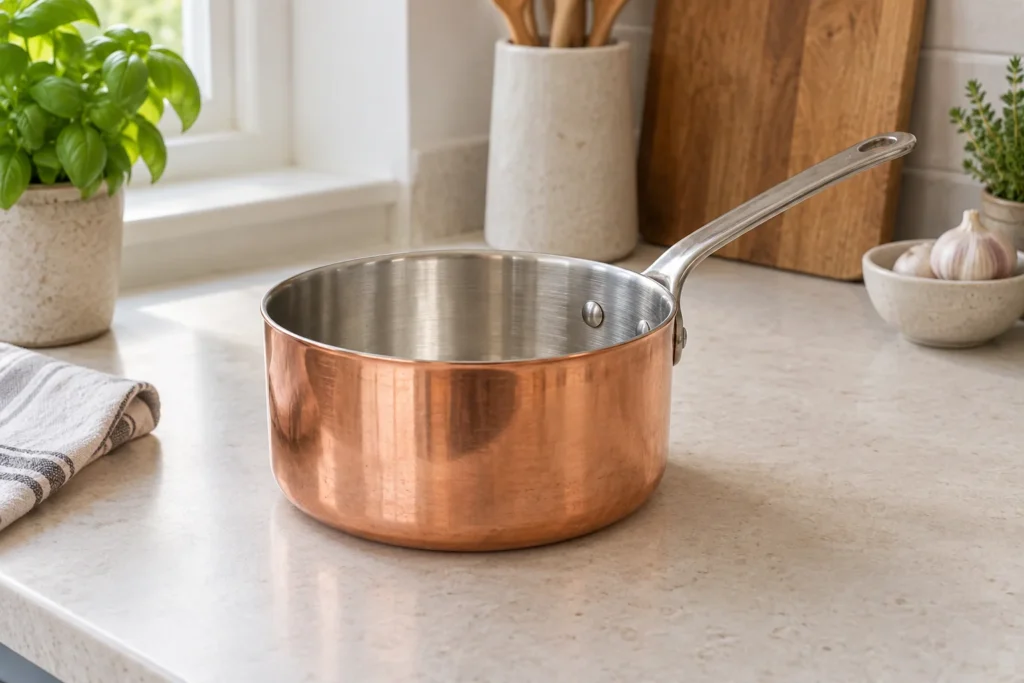 Copper-coloured saucepan with a silver-coloured lining and handle