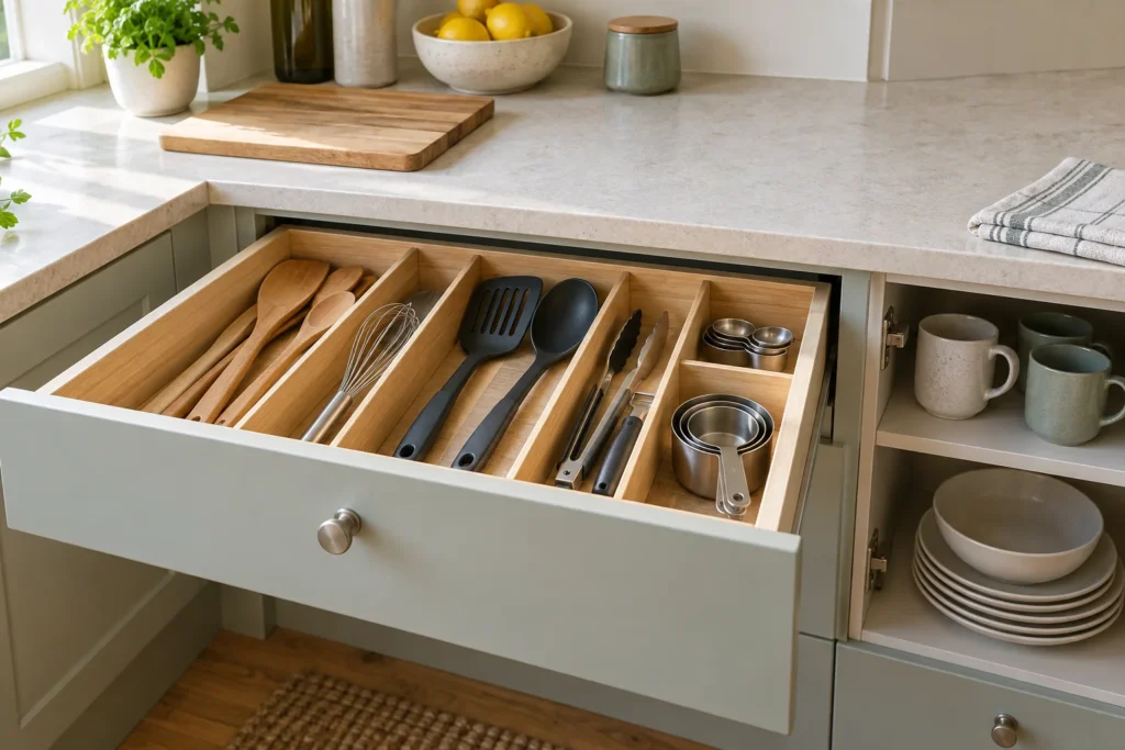 Divided utensil drawer beside an open cupboard of cups and plates