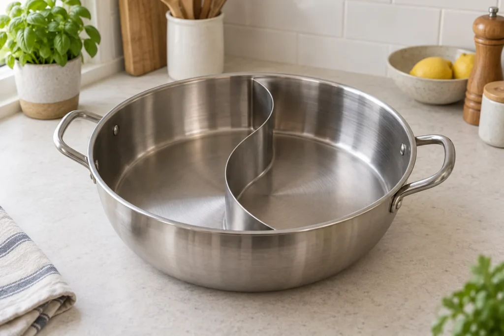 Empty stainless steel hot-pot pan with two handles and a curved divider