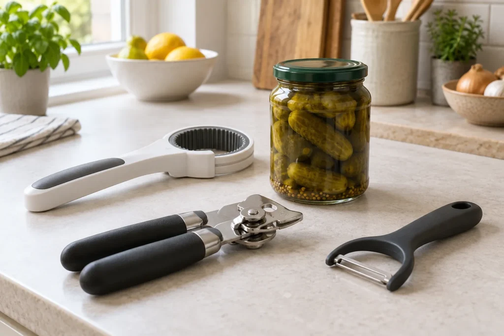 Broad-handled jar-opening, can-opening and peeling tools beside a closed jar.