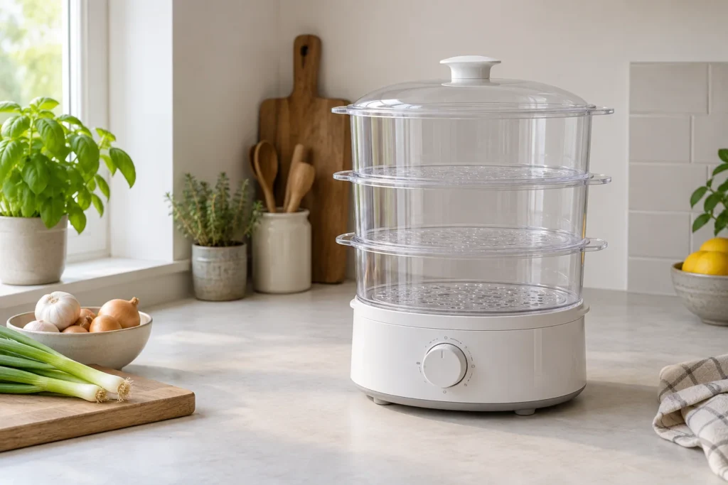 An empty electric food steamer with three clear baskets stacked above its base.