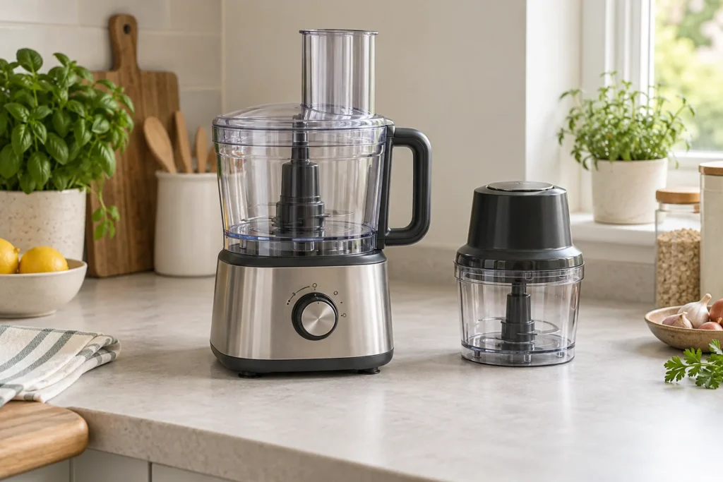 A full-size food processor and compact electric chopper with closed empty bowls.