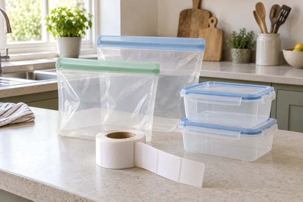 Empty reusable food bags and lidded containers beside a roll of blank labels.