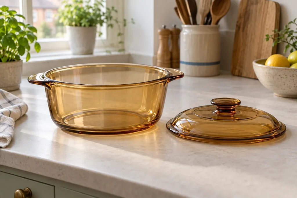 Amber-coloured glass casserole dish with its matching lid resting separately