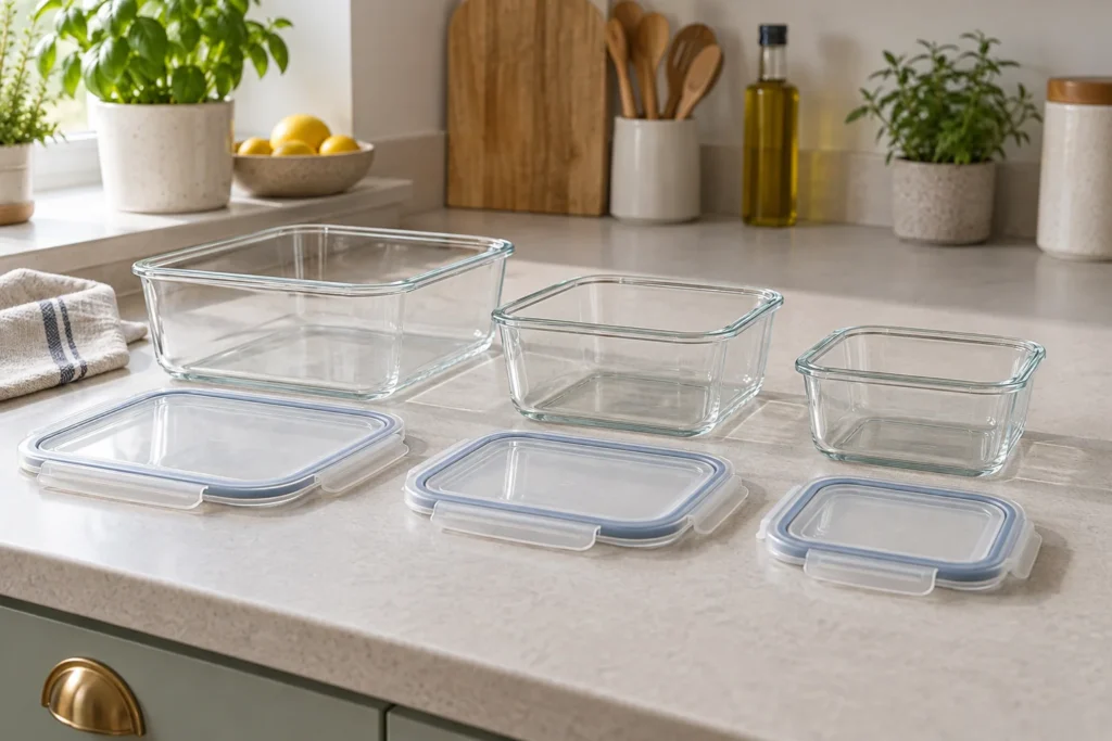 Three empty glass food containers with their matching lids placed separately.