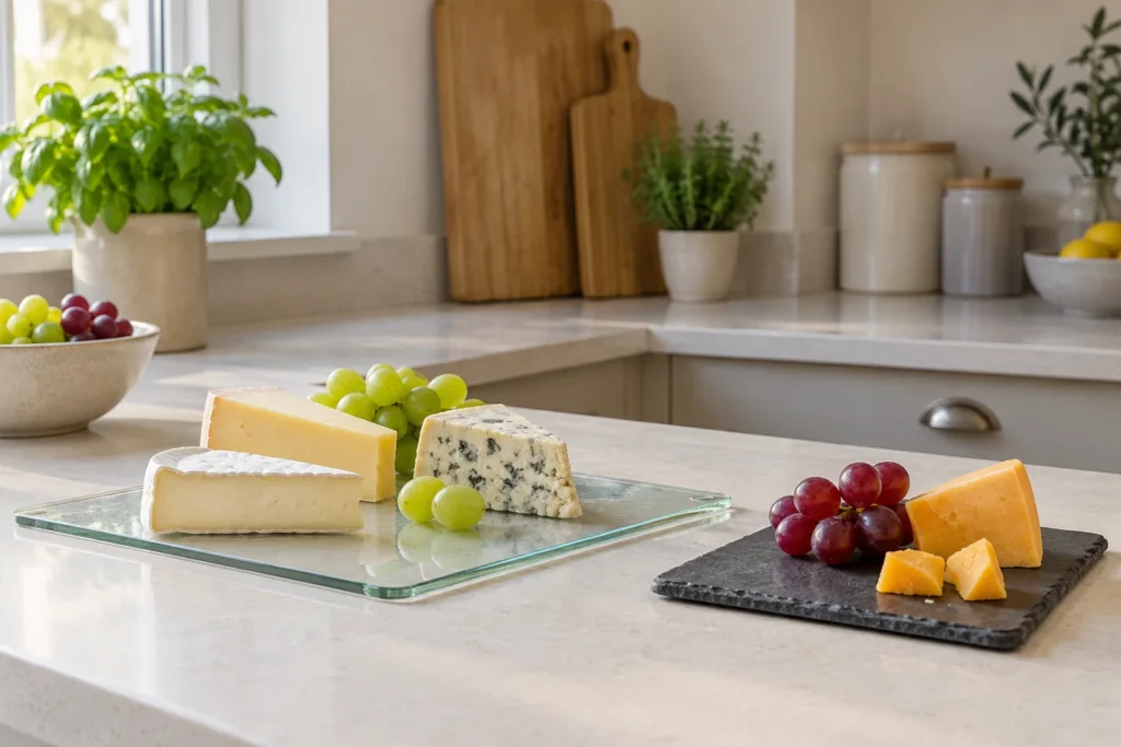 Glass and slate serving boards holding cheese and grapes on a kitchen counter.