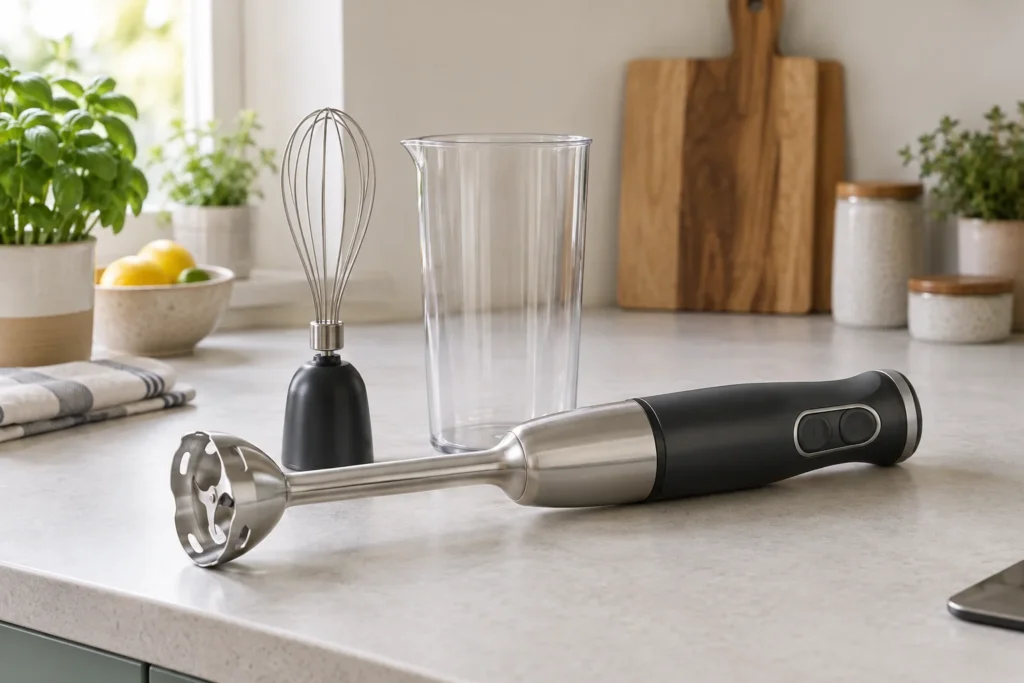 A stick hand blender beside a whisk attachment and empty tall beaker.