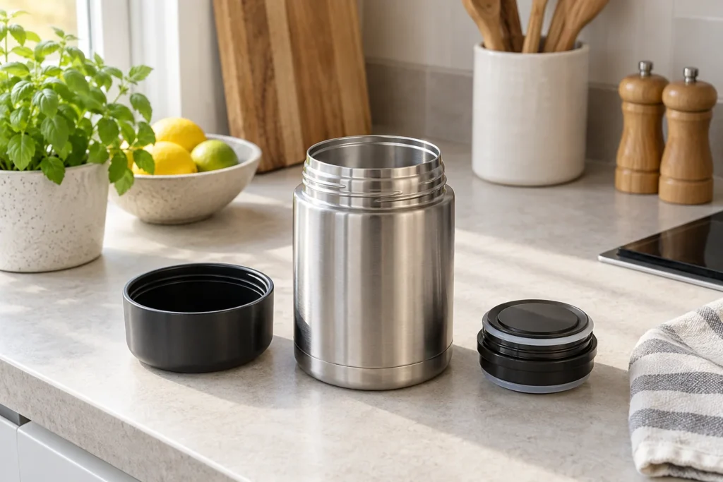 An open stainless steel food flask with its lid and inner stopper placed beside it.