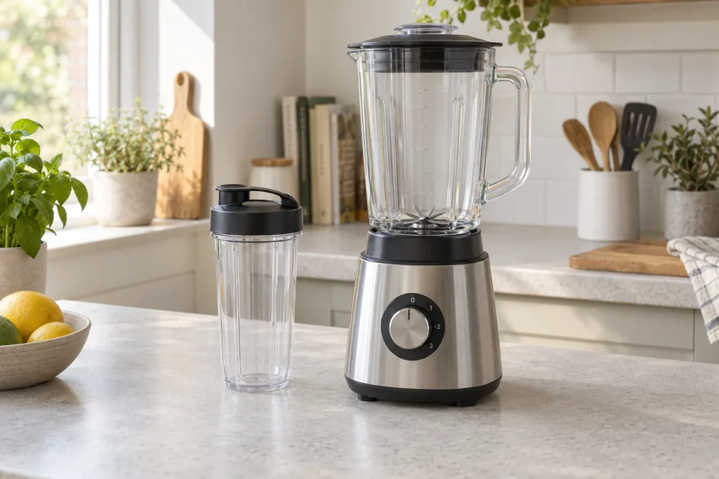 An empty jug blender with its lid closed beside a small lidded blending cup.