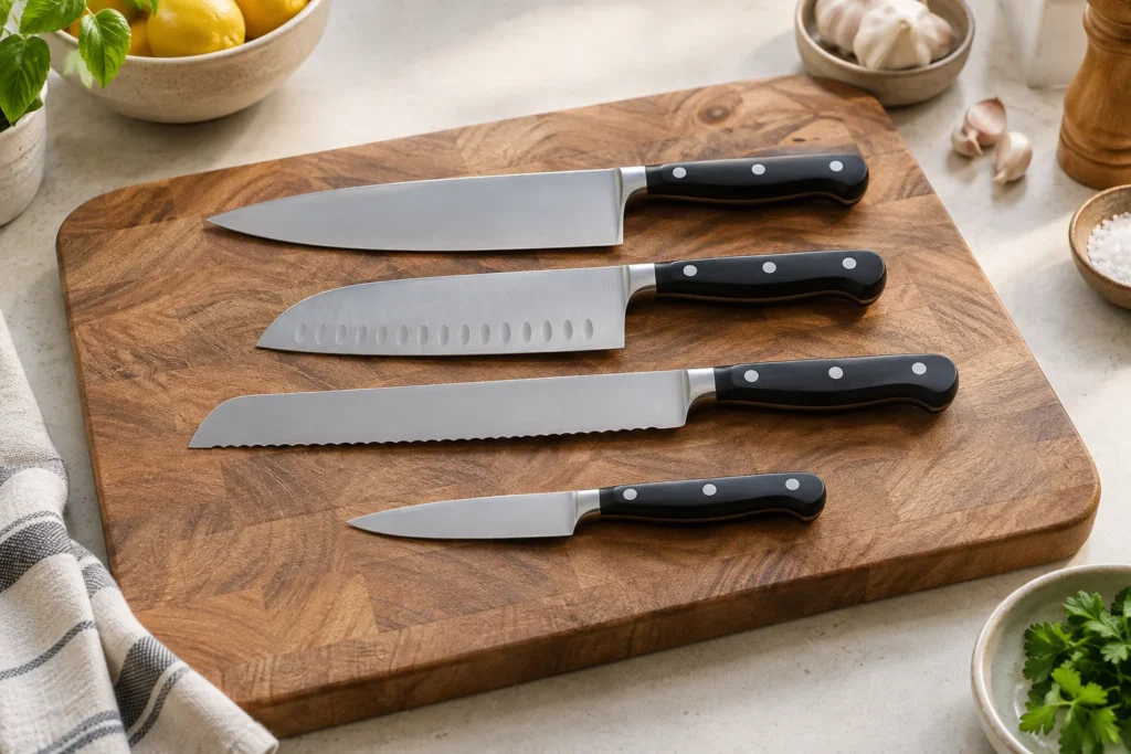 Chef, santoku, bread and paring knives laid separately on a wooden chopping board.