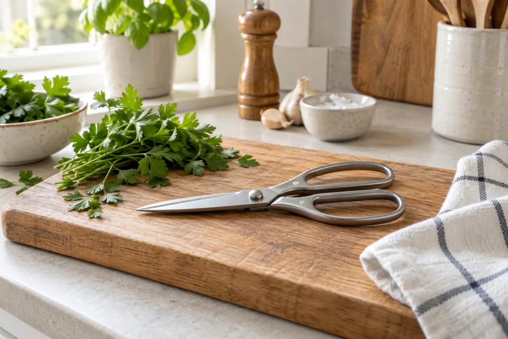 Closed stainless steel kitchen scissors on a wooden board beside parsley.