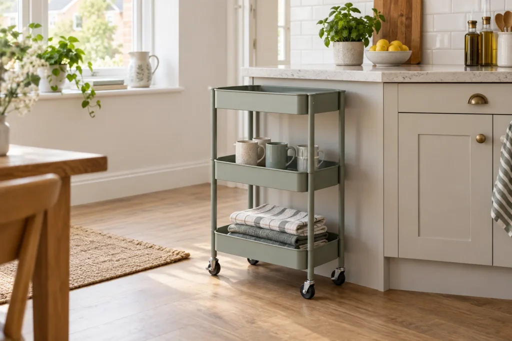 Three-tier kitchen trolley with mugs and folded cloths on four caster wheels