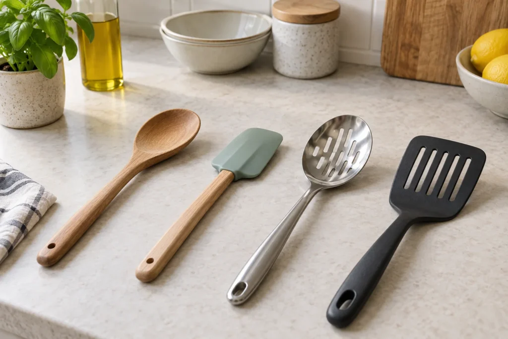 A wooden spoon, silicone spatula, stainless steel slotted spoon and dark turner.