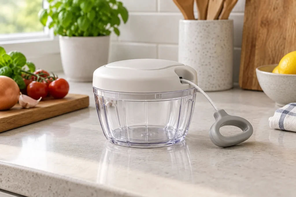 Empty manual chopper bowl with a closed pull-cord lid and handle