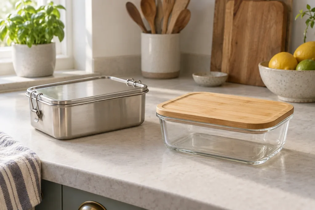 A stainless steel lunch box beside a glass container with a wooden lid