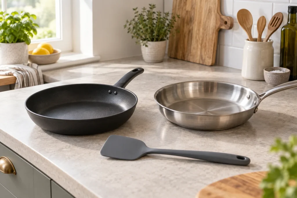 A dark non-stick frying pan and stainless steel pan beside a silicone turner