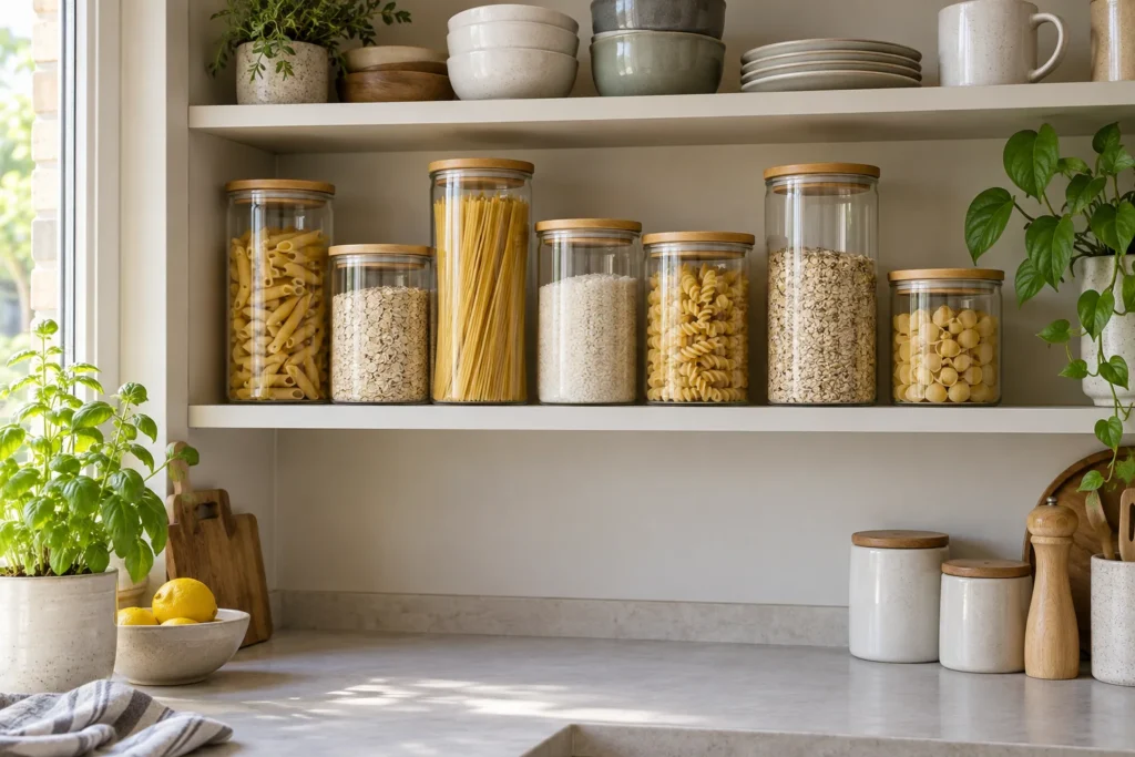 Clear jars of dry pasta, rice and oats arranged beneath a pantry shelf.