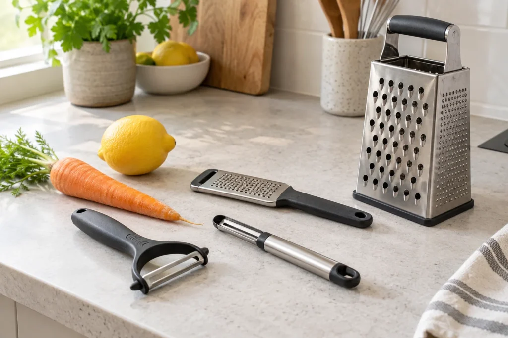 Y-shaped and straight peelers beside a box grater, flat grater, carrot and lemon