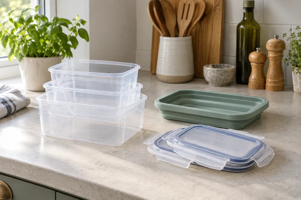 Nested empty plastic food containers, separate clip lids and a collapsed silicone container.