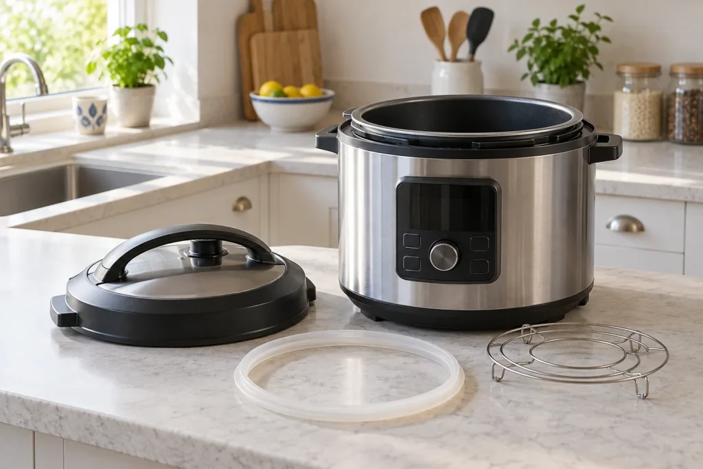Unbranded electric cooker with its lid, sealing ring and trivet resting separately