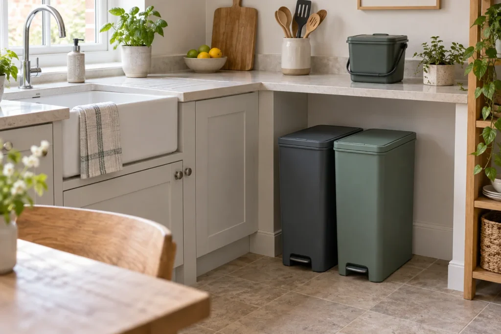 Two closed pedal bins beneath a worktop and a lidded food caddy above