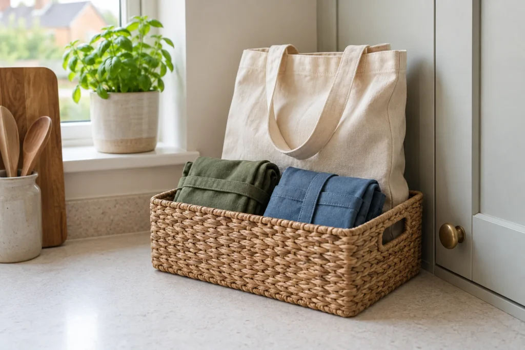 Reusable shopping bags folded and stored in a basket beside a kitchen cupboard