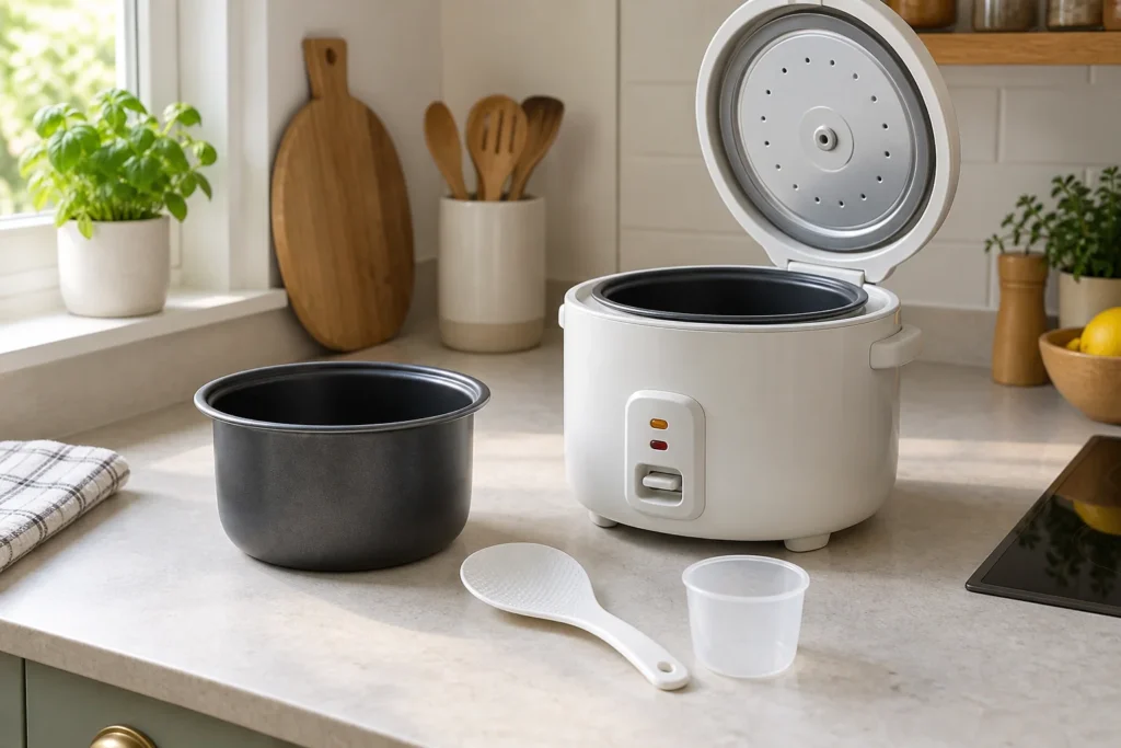 Open unbranded rice cooker beside a separate bowl, rice paddle and measuring cup