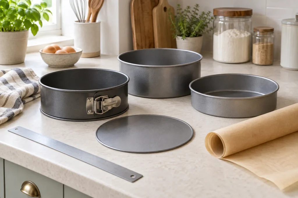 Round metal cake tins of different depths, a springform latch, a loose base and baking parchment.