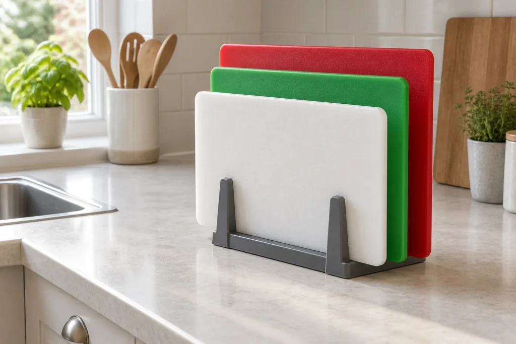Red, green and white plastic chopping boards stored upright in separate rack slots.