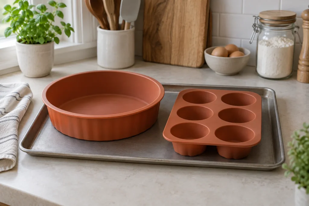 A round silicone cake mould and a silicone muffin tray supported on a metal baking sheet.