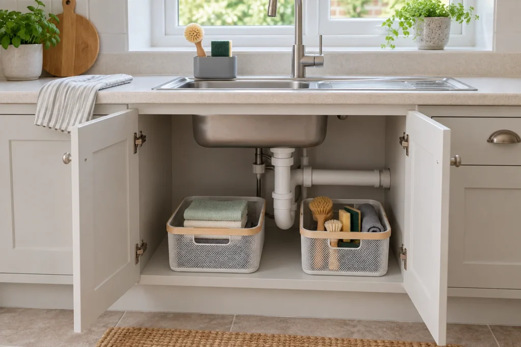 Removable under-sink baskets holding cloths, brushes and sponges clear of the pipework