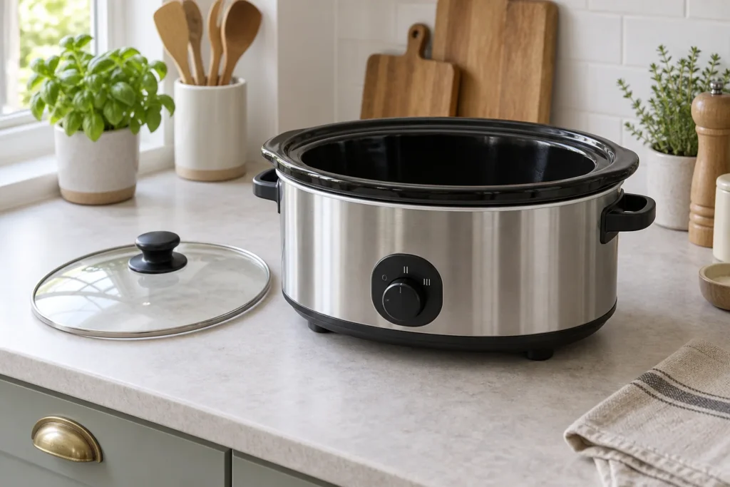 An empty oval slow cooker with its ceramic pot fitted and glass lid resting beside it.