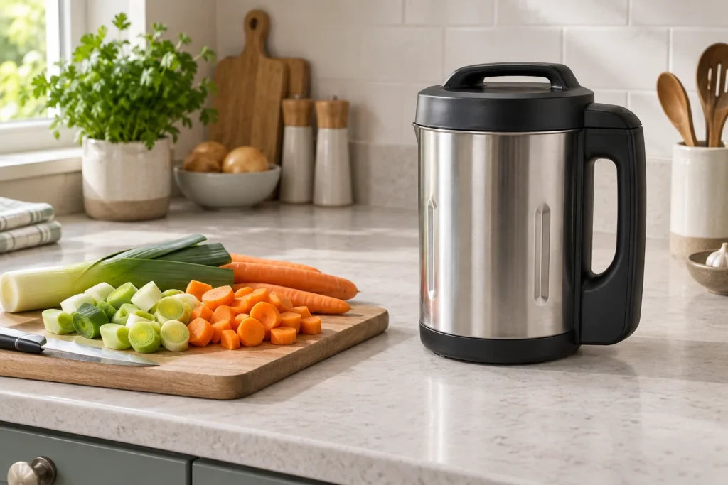 Unbranded soup-maker jug beside carrots and leeks on a chopping board
