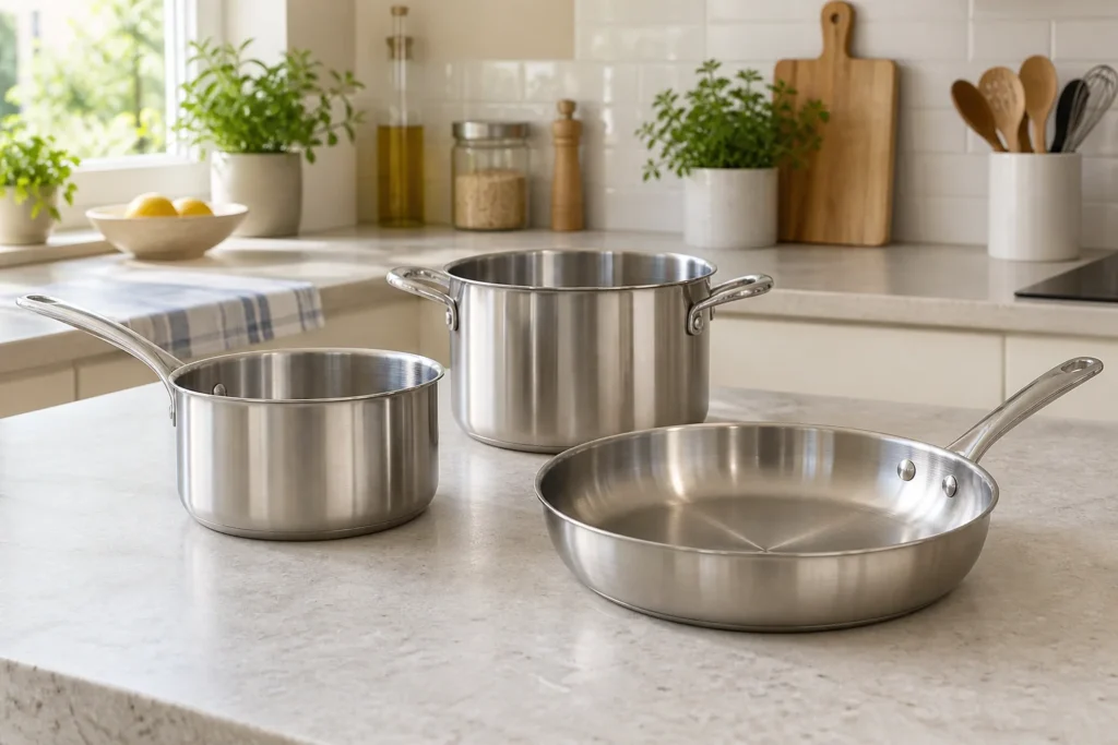 Stainless steel saucepan, stockpot and frying pan on a kitchen worktop