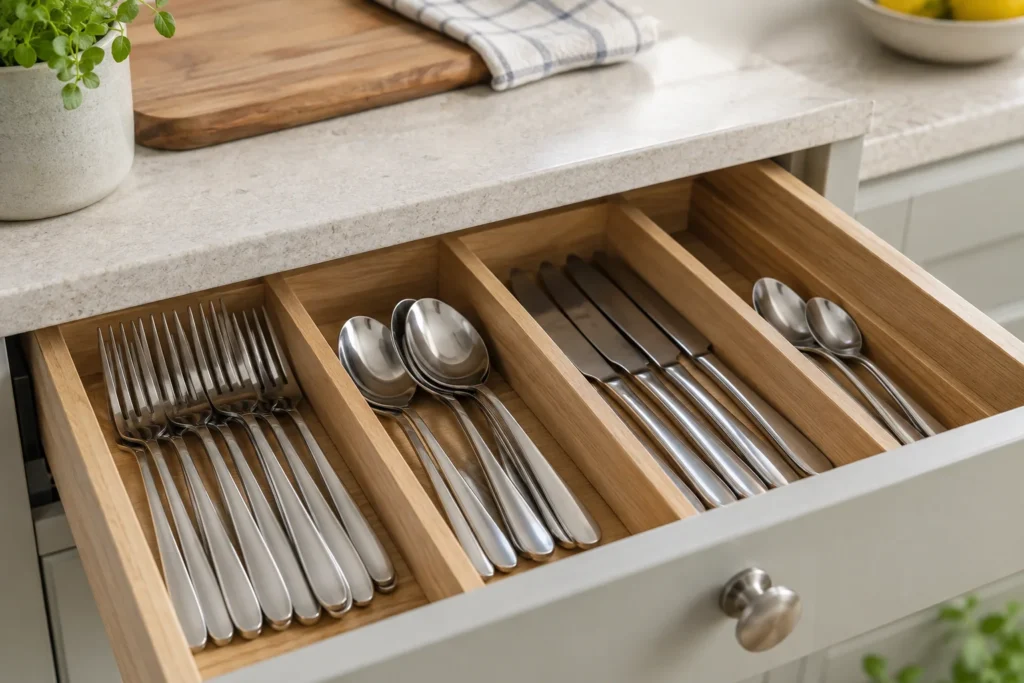 Stainless steel forks, spoons and table knives arranged in separate wooden drawer compartments.
