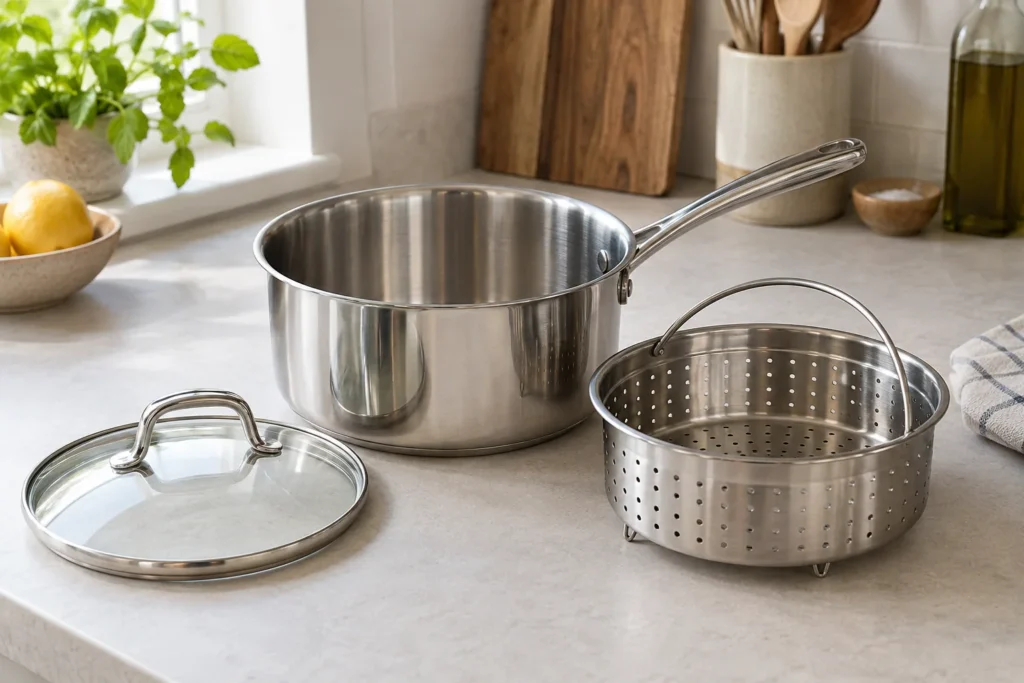 An empty stainless steel saucepan beside a perforated steaming basket and glass lid.