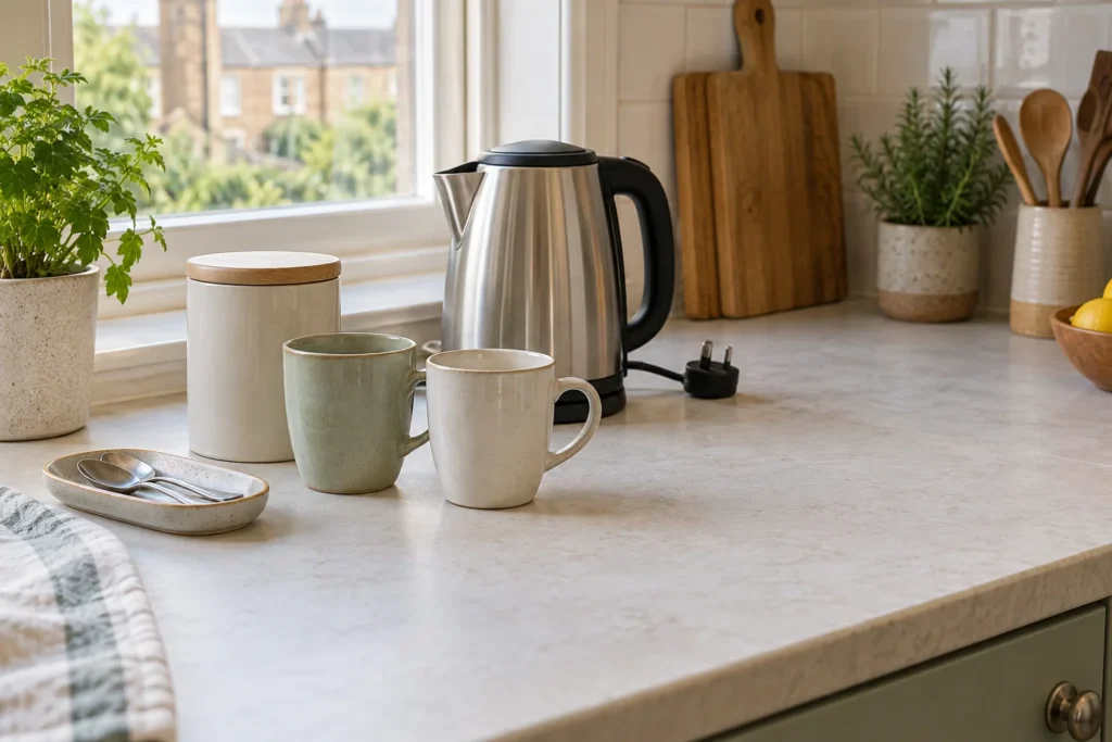 Two mugs, closed caddy and unplugged kettle arranged on a clear kitchen worktop
