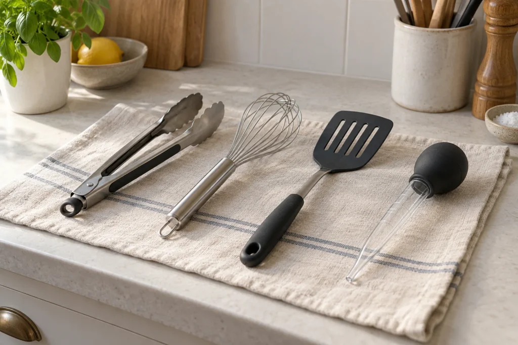 Kitchen tongs, a balloon whisk, a slotted turner and bulb baster arranged on a cloth.
