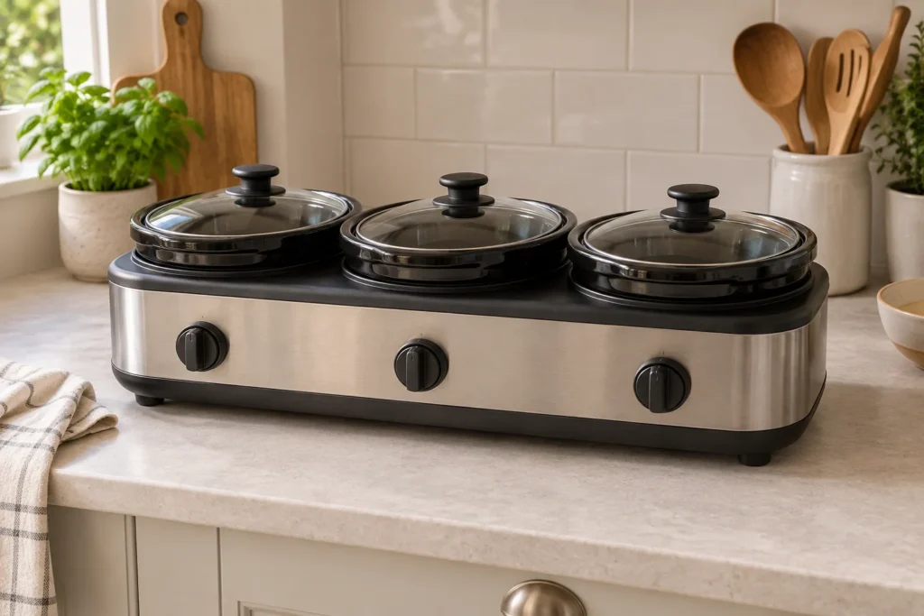 Unbranded three-pot slow cooker with separate lids and control knobs