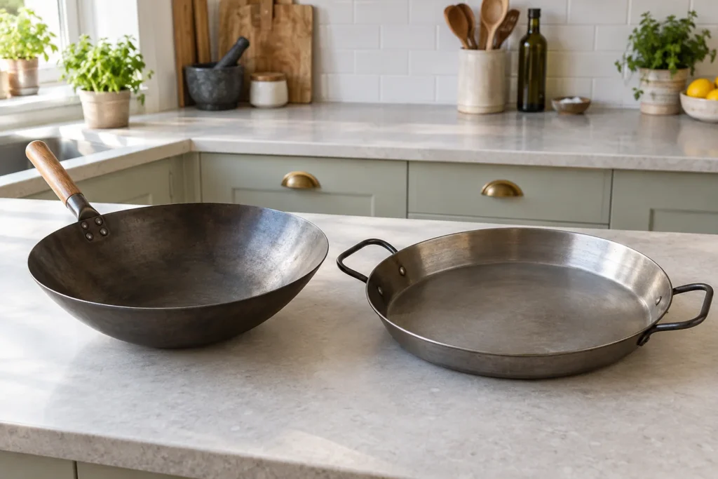 A deep dark wok beside a wide shallow pan with two loop handles